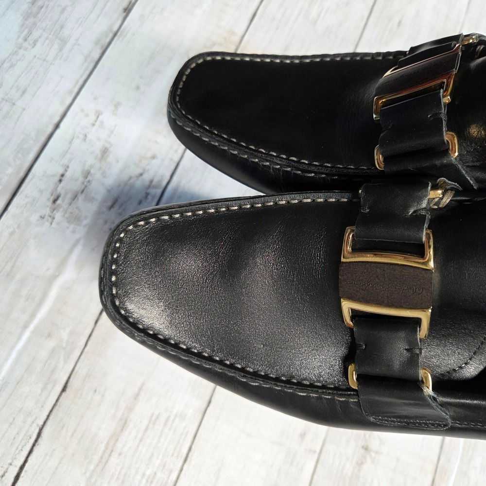 Salvatore Ferragamo Loafers Mens 7.5D Black Leather Wood Buckle‎ Driver Shoes - Picture 8 of 15